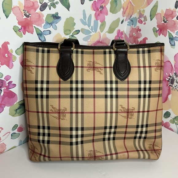 💯Authentic  BURBERRY HAYMARKET CHECK TOTE BAG LEATHER  HANDBAGS WOMEN🍀 - Picture 15 of 17